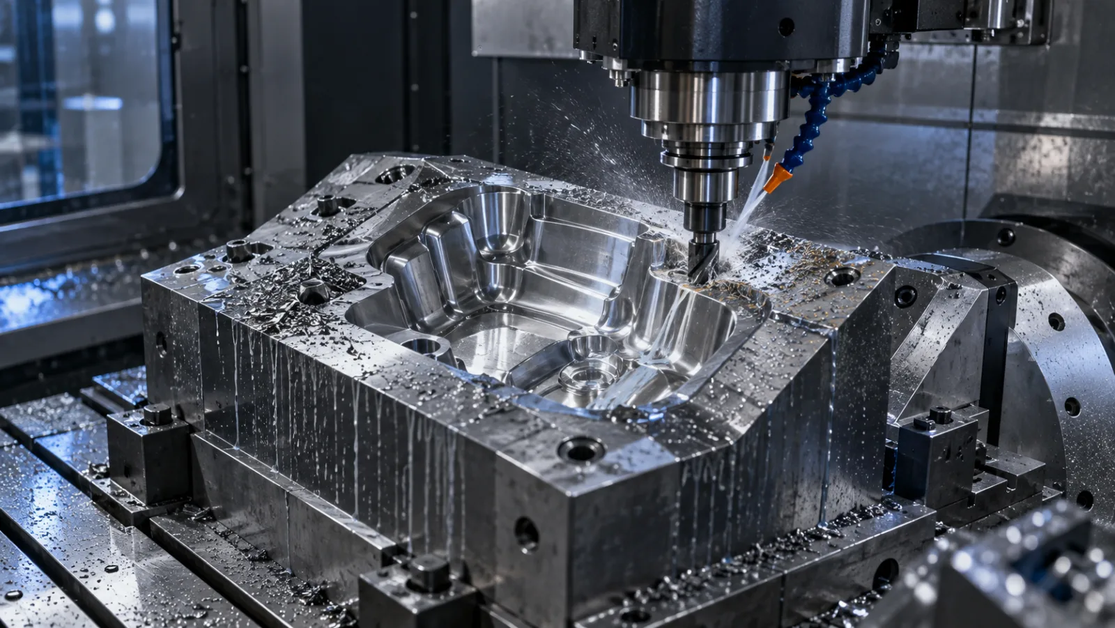 CNC machining a precision cavity into an injection mold block