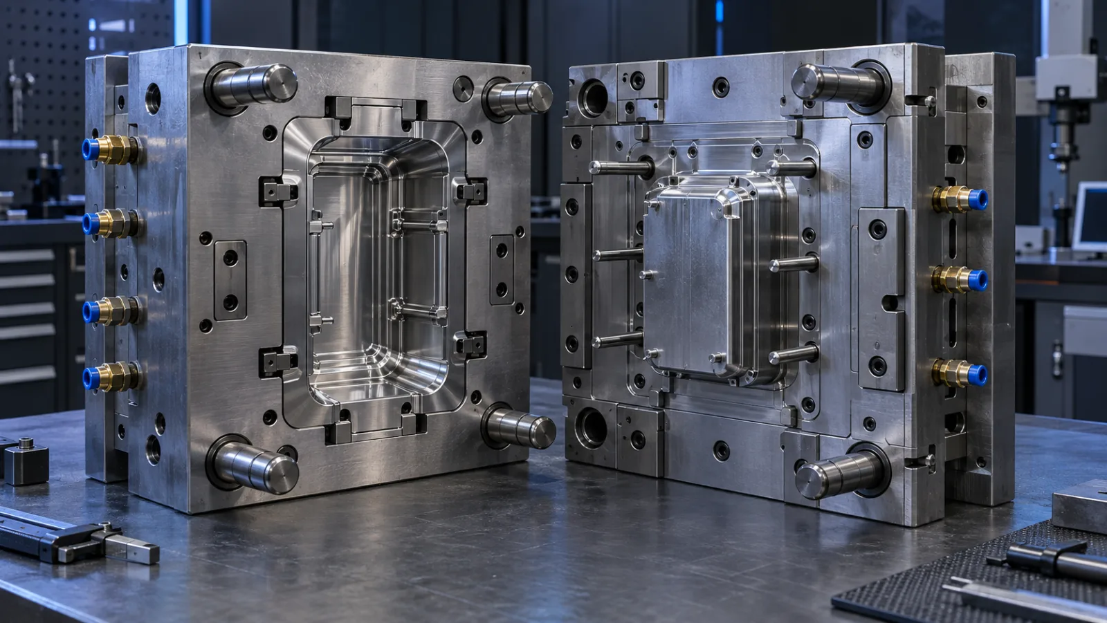An opened injection mold showing its cavity and core halves